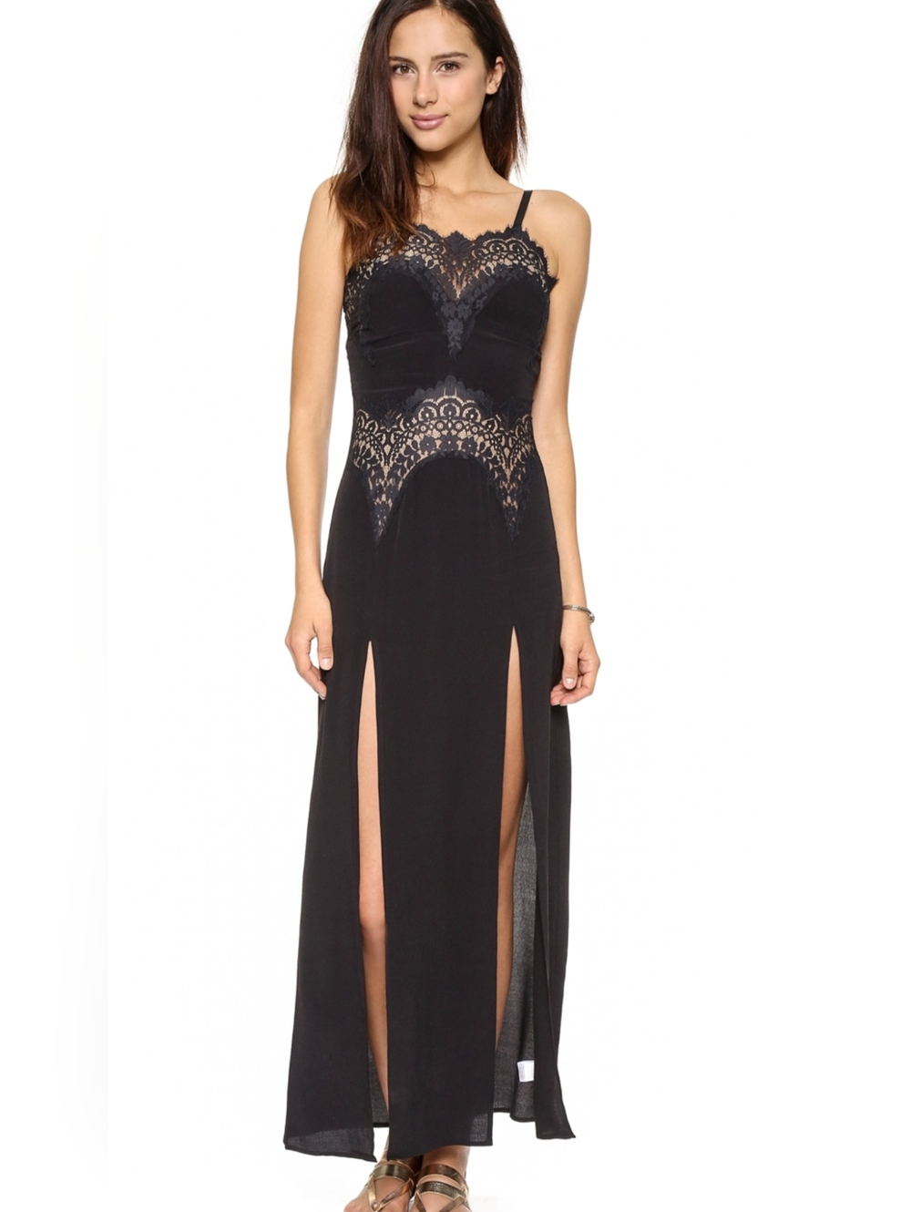NWT For Love and Lemons Maxi Bourbon Black Lace Slip Dress XS